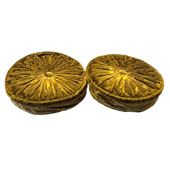 Set 2 Vintage Round Gathered Crush Velvet floral Cushions Chic Filled Luxury - Picture 6 of 16